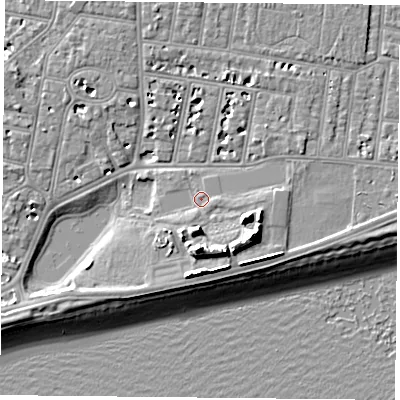 Shaded relief map of the ground around PO49RF, computed from Environment Agency LiDAR. The ground here sits at about 4 m above sea level and falls 13 m across the surrounding 800 m. Surface water reaching this point runs off ground lying to the south-south-west, 1.2 m higher.