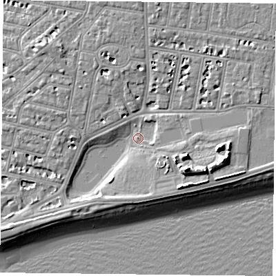 Shaded relief map of the ground around PO49RG, computed from Environment Agency LiDAR. The ground here sits at about 2 m above sea level and falls 13 m across the surrounding 800 m. Surface water reaching this point runs off ground lying to the east-south-east, 9.7 m higher.