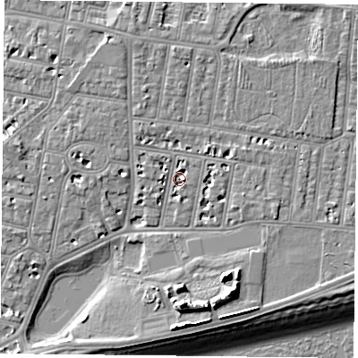 Shaded relief map of the ground around PO49RH, computed from Environment Agency LiDAR. The ground here sits at about 3 m above sea level and falls 13 m across the surrounding 800 m. Surface water reaching this point runs off ground lying to the north-east, 3.1 m higher.
