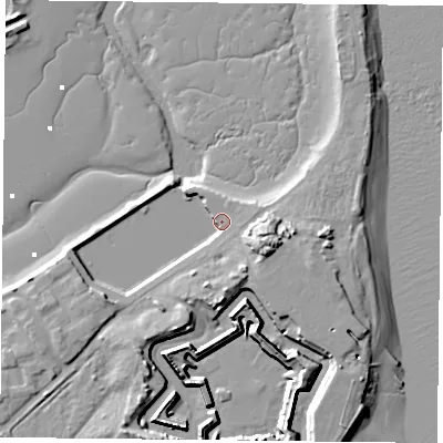 Shaded relief map of the ground around PO49RJ, computed from Environment Agency LiDAR. The ground here sits at about 3 m above sea level and falls 13 m across the surrounding 800 m. Surface water reaching this point runs off ground lying to the south-east, 9.4 m higher.