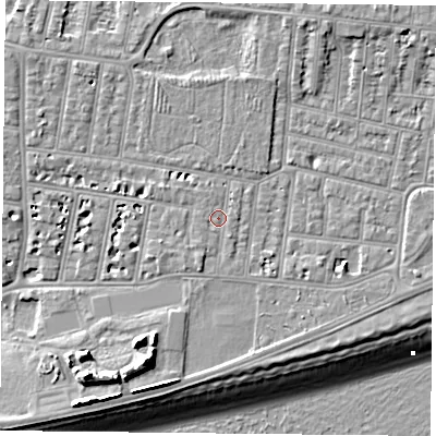 Shaded relief map of the ground around PO49RP, computed from Environment Agency LiDAR. The ground here sits at about 4 m above sea level and falls 13 m across the surrounding 800 m. Surface water reaching this point runs off ground lying to the south-south-west, 1.5 m higher.