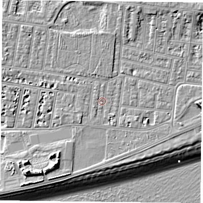Shaded relief map of the ground around PO49RR, computed from Environment Agency LiDAR. The ground here sits at about 4 m above sea level and falls 13 m across the surrounding 800 m. Surface water reaching this point runs off ground lying to the south-east, 1.5 m higher.