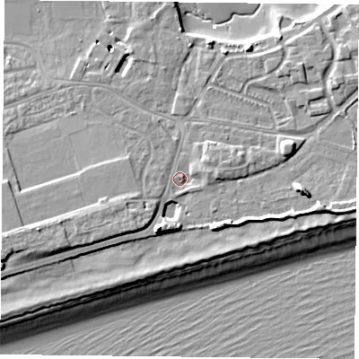 Shaded relief map of the ground around PO49SJ, computed from Environment Agency LiDAR. The ground here sits at about 4 m above sea level and falls 11 m across the surrounding 800 m. Surface water reaching this point runs off ground lying to the west-south-west, 3.4 m higher.