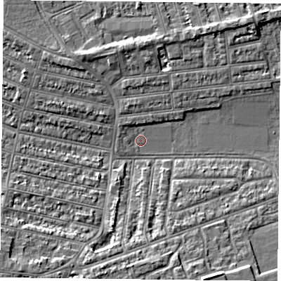 Shaded relief map of the ground around PO49SU, computed from Environment Agency LiDAR. The ground here sits at about 3 m above sea level and falls 6 m across the surrounding 800 m. Surface water reaching this point runs off ground lying to the north-west, 1.6 m higher.