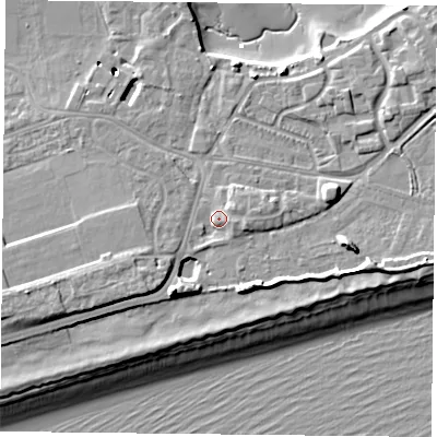 Shaded relief map of the ground around PO49TA, computed from Environment Agency LiDAR. The ground here sits at about 4 m above sea level and falls 11 m across the surrounding 800 m. Surface water reaching this point runs off ground lying to the east-south-east, 2.1 m higher.