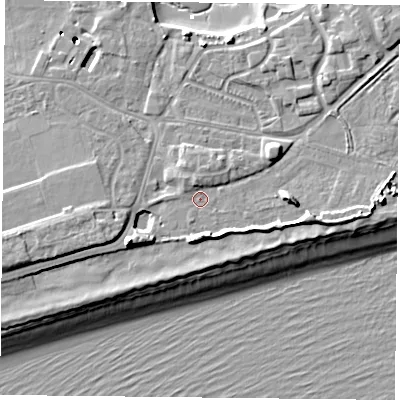 Shaded relief map of the ground around PO49TB, computed from Environment Agency LiDAR. The ground here sits at about 4 m above sea level and falls 11 m across the surrounding 800 m. Surface water reaching this point runs off ground lying to the west-south-west, 6.0 m higher.