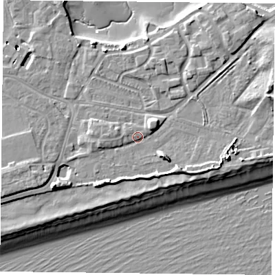 Shaded relief map of the ground around PO49TD, computed from Environment Agency LiDAR. The ground here sits at about 4 m above sea level and falls 11 m across the surrounding 800 m. Surface water reaching this point runs off ground lying to the west-south-west, 6.0 m higher.