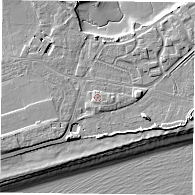 Shaded relief map of the ground around PO49TE, computed from Environment Agency LiDAR. The ground here sits at about 5 m above sea level and falls 11 m across the surrounding 800 m. Surface water reaching this point runs off ground lying to the south-south-east, 0.8 m higher.