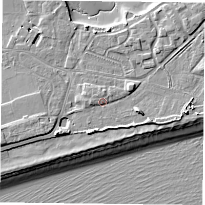 Shaded relief map of the ground around PO49TF, computed from Environment Agency LiDAR. The ground here sits at about 5 m above sea level and falls 11 m across the surrounding 800 m. Surface water reaching this point runs off ground lying to the south-west, 6.0 m higher.