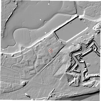 Shaded relief map of the ground around PO49UD, computed from Environment Agency LiDAR. The ground here sits at about 6 m above sea level and falls 13 m across the surrounding 800 m. Surface water reaching this point runs off ground lying to the south-south-east, 1.1 m higher.