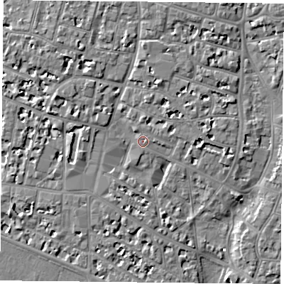 Shaded relief map of the ground around PO52AT, computed from Environment Agency LiDAR. The ground here sits at about 3 m above sea level and falls 6 m across the surrounding 800 m. Surface water reaching this point runs off ground lying to the north-north-east, 1.8 m higher.