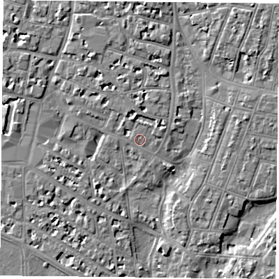 Shaded relief map of the ground around PO52AX, computed from Environment Agency LiDAR. The ground here sits at about 3 m above sea level and falls 7 m across the surrounding 800 m. Surface water reaching this point runs off ground lying to the north, 0.9 m higher.