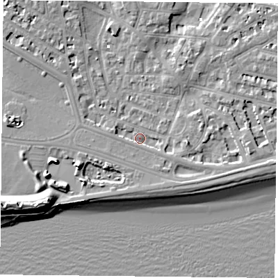 Shaded relief map of the ground around PO52AZ, computed from Environment Agency LiDAR. The ground here sits at about 2 m above sea level and falls 13 m across the surrounding 800 m. Surface water reaching this point runs off ground lying to the south-east, 2.2 m higher.