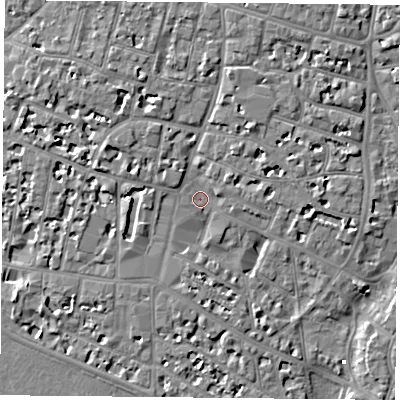 Shaded relief map of the ground around PO52BA, computed from Environment Agency LiDAR. The ground here sits at about 2 m above sea level and falls 6 m across the surrounding 800 m. Surface water reaching this point runs off ground lying to the north, 3.2 m higher.