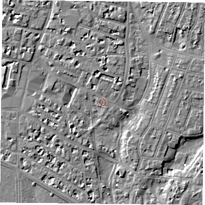 Shaded relief map of the ground around PO52BB, computed from Environment Agency LiDAR. The ground here sits at about 3 m above sea level and falls 7 m across the surrounding 800 m. Surface water reaching this point runs off ground lying to the north, 1.8 m higher.