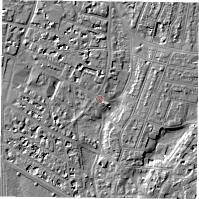 Shaded relief map of the ground around PO52BD, computed from Environment Agency LiDAR. The ground here sits at about 3 m above sea level and falls 6 m across the surrounding 800 m. Surface water reaching this point runs off ground lying to the north-north-west, 2.7 m higher.