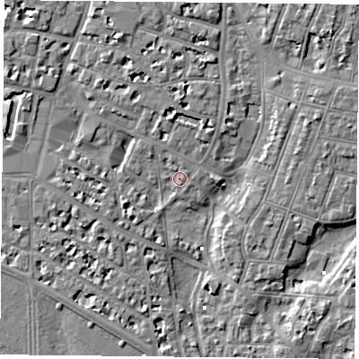 Shaded relief map of the ground around PO52BN, computed from Environment Agency LiDAR. The ground here sits at about 2 m above sea level and falls 6 m across the surrounding 800 m. Surface water reaching this point runs off ground lying to the north, 3.0 m higher.