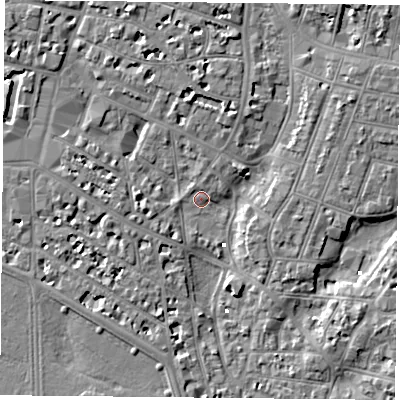 Shaded relief map of the ground around PO52BS, computed from Environment Agency LiDAR. The ground here sits at about 1 m above sea level and falls 6 m across the surrounding 800 m. Surface water reaching this point runs off ground lying to the north-north-west, 5.1 m higher.
