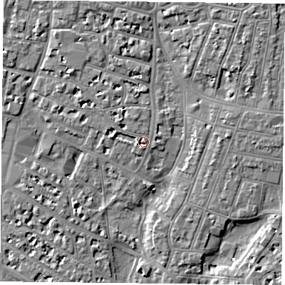 Shaded relief map of the ground around PO52BT, computed from Environment Agency LiDAR. The ground here sits at about 3 m above sea level and falls 7 m across the surrounding 800 m. Surface water reaching this point runs off ground lying to the north-north-west, 2.7 m higher.