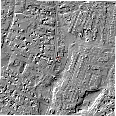 Shaded relief map of the ground around PO52BU, computed from Environment Agency LiDAR. The ground here sits at about 3 m above sea level and falls 7 m across the surrounding 800 m. Surface water reaching this point runs off ground lying to the north-north-west, 1.4 m higher.