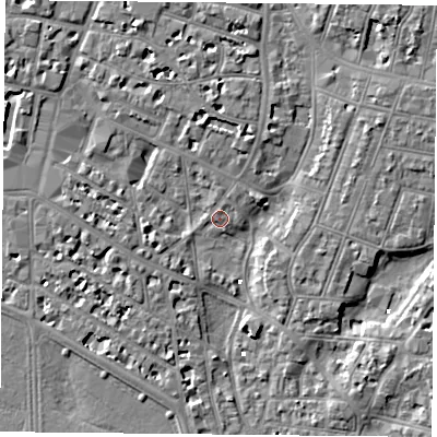 Shaded relief map of the ground around PO52BW, computed from Environment Agency LiDAR. The ground here sits at about 2 m above sea level and falls 6 m across the surrounding 800 m. Surface water reaching this point runs off ground lying to the north, 3.5 m higher.