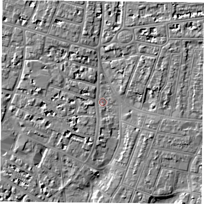 Shaded relief map of the ground around PO52BX, computed from Environment Agency LiDAR. The ground here sits at about 2 m above sea level and falls 6 m across the surrounding 800 m. Surface water reaching this point runs off ground lying to the north-east, 4.2 m higher.
