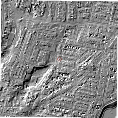 Shaded relief map of the ground around PO52BY, computed from Environment Agency LiDAR. The ground here sits at about 2 m above sea level and falls 6 m across the surrounding 800 m. Surface water reaching this point runs off ground lying to the east-south-east, 3.6 m higher.