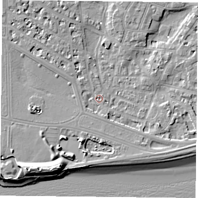 Shaded relief map of the ground around PO52DN, computed from Environment Agency LiDAR. The ground here sits at about 2 m above sea level and falls 13 m across the surrounding 800 m. Surface water reaching this point runs off ground lying to the south-west, 10.5 m higher.