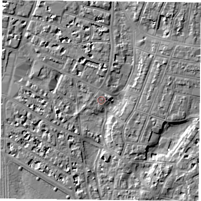 Shaded relief map of the ground around PO52DP, computed from Environment Agency LiDAR. The ground here sits at about 2 m above sea level and falls 6 m across the surrounding 800 m. Surface water reaching this point runs off ground lying to the north-north-east, 1.3 m higher.