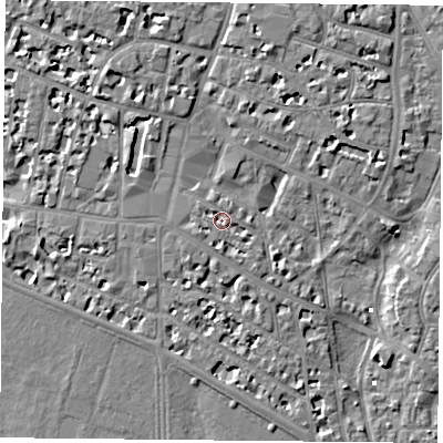 Shaded relief map of the ground around PO52DS, computed from Environment Agency LiDAR. The ground here sits at about 3 m above sea level and falls 6 m across the surrounding 800 m. Surface water reaching this point runs off ground lying to the west-south-west, 1.7 m higher.