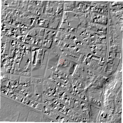 Shaded relief map of the ground around PO52EJ, computed from Environment Agency LiDAR. The ground here sits at about 2 m above sea level and falls 6 m across the surrounding 800 m. Surface water reaching this point runs off ground lying to the west-north-west, 3.8 m higher.