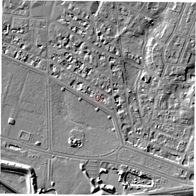 Shaded relief map of the ground around PO52EU, computed from Environment Agency LiDAR. The ground here sits at about 3 m above sea level and falls 10 m across the surrounding 800 m. Surface water reaching this point runs off ground lying to the north-west, 3.1 m higher.