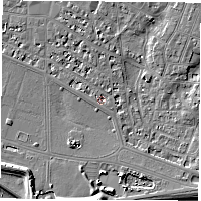 Shaded relief map of the ground around PO52EZ, computed from Environment Agency LiDAR. The ground here sits at about 2 m above sea level and falls 11 m across the surrounding 800 m. Surface water reaching this point runs off ground lying to the north-west, 3.1 m higher.