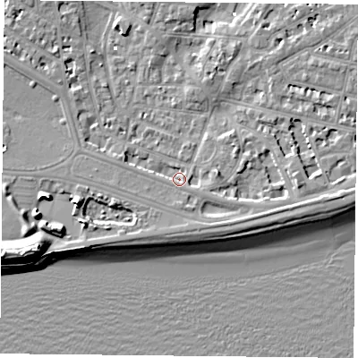 Shaded relief map of the ground around PO52FB, computed from Environment Agency LiDAR. The ground here sits at about 2 m above sea level and falls 13 m across the surrounding 800 m. Surface water reaching this point runs off ground lying to the south-east, 2.4 m higher.