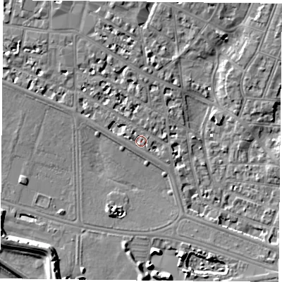 Shaded relief map of the ground around PO52FH, computed from Environment Agency LiDAR. The ground here sits at about 3 m above sea level and falls 10 m across the surrounding 800 m. Surface water reaching this point runs off ground lying to the west-north-west, 3.2 m higher.