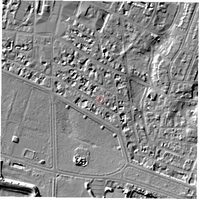 Shaded relief map of the ground around PO52HB, computed from Environment Agency LiDAR. The ground here sits at about 3 m above sea level and falls 9 m across the surrounding 800 m. Surface water reaching this point runs off ground lying to the west, 1.2 m higher.