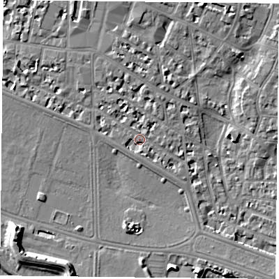 Shaded relief map of the ground around PO52HD, computed from Environment Agency LiDAR. The ground here sits at about 3 m above sea level and falls 10 m across the surrounding 800 m. Surface water reaching this point runs off ground lying to the west-north-west, 3.2 m higher.