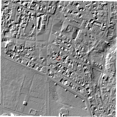 Shaded relief map of the ground around PO52HG, computed from Environment Agency LiDAR. The ground here sits at about 3 m above sea level and falls 8 m across the surrounding 800 m. Surface water reaching this point runs off ground lying to the north-north-west, 2.1 m higher.