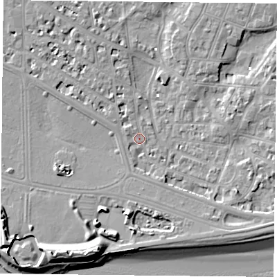 Shaded relief map of the ground around PO52HH, computed from Environment Agency LiDAR. The ground here sits at about 2 m above sea level and falls 13 m across the surrounding 800 m. Surface water reaching this point runs off ground lying to the south-south-west, 10.5 m higher.