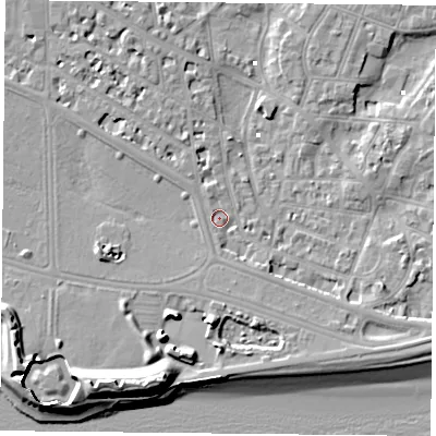 Shaded relief map of the ground around PO52HP, computed from Environment Agency LiDAR. The ground here sits at about 2 m above sea level and falls 13 m across the surrounding 800 m. Surface water reaching this point runs off ground lying to the south-south-west, 10.5 m higher.