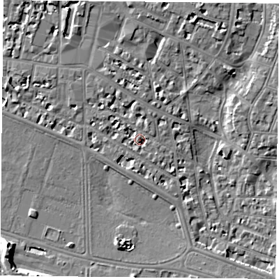 Shaded relief map of the ground around PO52HQ, computed from Environment Agency LiDAR. The ground here sits at about 3 m above sea level and falls 9 m across the surrounding 800 m. Surface water reaching this point runs off ground lying to the north-north-west, 2.2 m higher.