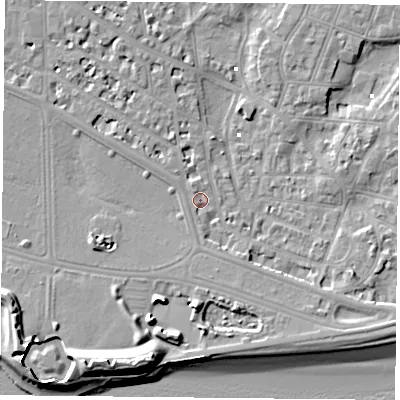 Shaded relief map of the ground around PO52HR, computed from Environment Agency LiDAR. The ground here sits at about 2 m above sea level and falls 13 m across the surrounding 800 m. Surface water reaching this point runs off ground lying to the south-south-west, 10.5 m higher.