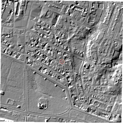 Shaded relief map of the ground around PO52HS, computed from Environment Agency LiDAR. The ground here sits at about 2 m above sea level and falls 9 m across the surrounding 800 m. Surface water reaching this point runs off ground lying to the north-west, 2.7 m higher.