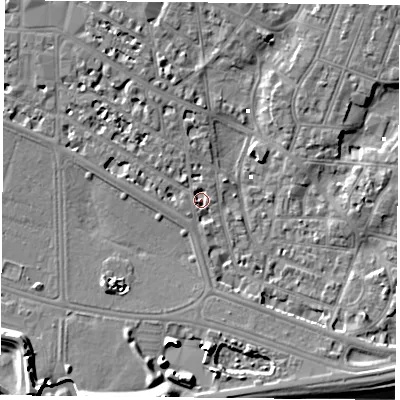 Shaded relief map of the ground around PO52HT, computed from Environment Agency LiDAR. The ground here sits at about 1 m above sea level and falls 11 m across the surrounding 800 m. Surface water reaching this point runs off ground lying to the west-north-west, 2.4 m higher.