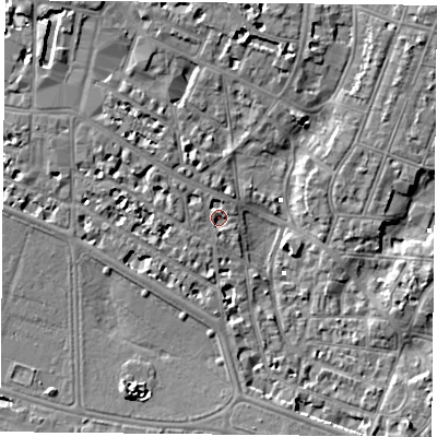 Shaded relief map of the ground around PO52HU, computed from Environment Agency LiDAR. The ground here sits at about 2 m above sea level and falls 7 m across the surrounding 800 m. Surface water reaching this point runs off ground lying to the north-west, 2.9 m higher.