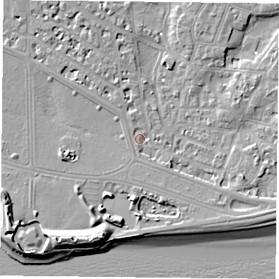 Shaded relief map of the ground around PO52HX, computed from Environment Agency LiDAR. The ground here sits at about 2 m above sea level and falls 13 m across the surrounding 800 m. Surface water reaching this point runs off ground lying to the south-west, 10.5 m higher.