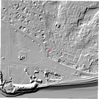Shaded relief map of the ground around PO52HY, computed from Environment Agency LiDAR. The ground here sits at about 2 m above sea level and falls 13 m across the surrounding 800 m. Surface water reaching this point runs off ground lying to the south-west, 10.5 m higher.