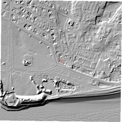 Shaded relief map of the ground around PO52HZ, computed from Environment Agency LiDAR. The ground here sits at about 2 m above sea level and falls 13 m across the surrounding 800 m. Surface water reaching this point runs off ground lying to the south-east, 2.6 m higher.