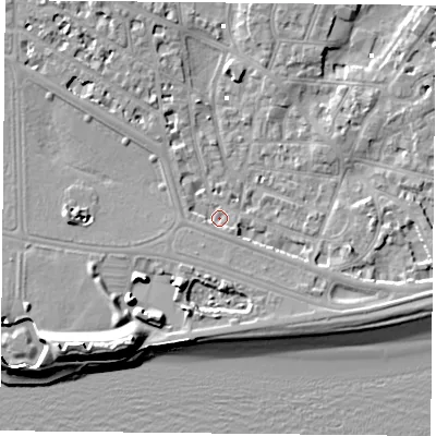 Shaded relief map of the ground around PO52JA, computed from Environment Agency LiDAR. The ground here sits at about 2 m above sea level and falls 13 m across the surrounding 800 m. Surface water reaching this point runs off ground lying to the south-east, 2.1 m higher.