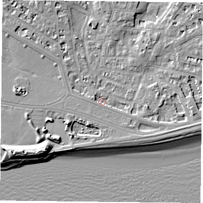 Shaded relief map of the ground around PO52JB, computed from Environment Agency LiDAR. The ground here sits at about 1 m above sea level and falls 13 m across the surrounding 800 m. Surface water reaching this point runs off ground lying to the south-east, 2.4 m higher.